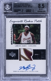 2003-04 UD "Exquisite Collection" Exquisite Rookie Patch Autograph (RPA) #78 LeBron James Signed Patch Rookie Card (#32/99) – BGS NM-MT+ 8.5/BGS 10 – LeBrons First "Exquisite Collection" Rookie Card!